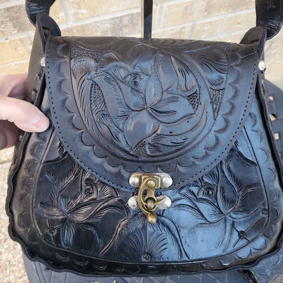 Mexican Hand Tooled Black Leather Bag - Picture 11 of 13